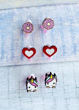 Комплект сережек клипс детский набор (пончик, сердце, единорог)