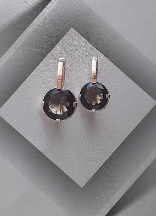 🛍 серьги серебро с золотом фианит цвета дымчатого кварца