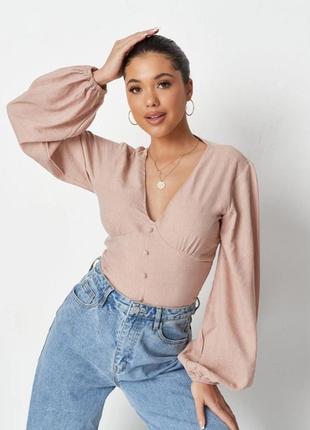 Боди с пышными длинными рукавами комбидресс с треугольным вырезом нюдовая пудровая блуза