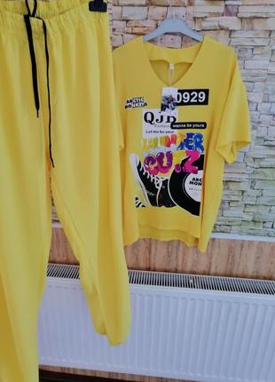 Ярко-жёлтый костюм полированный лён жатка штаны джоггеры карманами