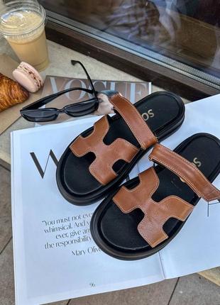 Шлепки шлепанцы коричневые на липучке натуральная кожа на высокой подошве платформе танкетке массивной