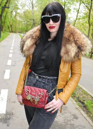Бежевая, рыжая кожаная куртка dsquared 2 бомпер косуха мех енот