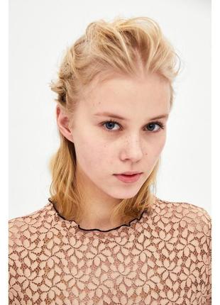 Кружевная футболка зара ажурный топ блузка с контрастной отделкой zara