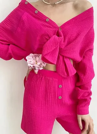 Яркий летний костюм из муслина (рубашка + шорты) разные цвета4 фото