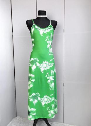 Женское платье макси винтаж ретро длинное цветы цветочный зелёное белое размер с м л