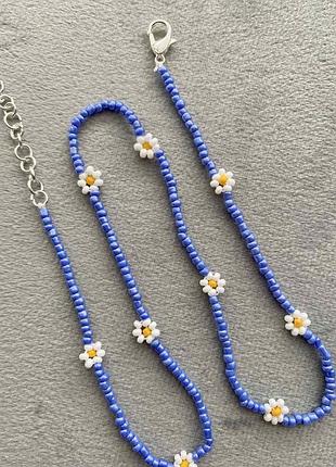 Синій чокер з бісеру ромашки квіти квіточки чекер бузковий