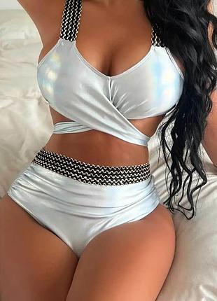 Купальник в поетку высокая посадка.купальник завышенная талия.купальник топом.голографичный купальник высокие плавки