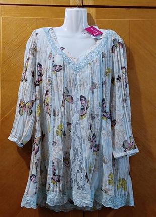 Нова шифонова красива блузка жатка в білизняному стилі р.3xl від together в метеликах  з мереживом