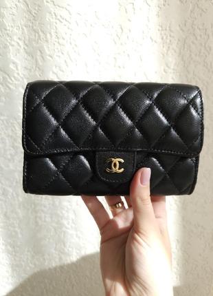 Черный кожаный кошелек кашельок в стиле chanel