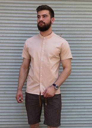 Льняная мужская рубашка короткий рукав натуральный лен 100% беж беж бежевая белая голубая серая ворот стойка праздничная футболка лето на пуговицах