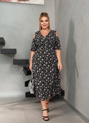 Женское легкое летнее длинное платье в цветочки с отверстиями на плечах l xl 2xl 3xl 4xl