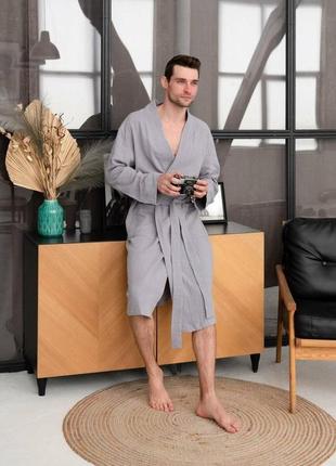 Чоловічий халат cosy duna із фактурного мусліну сірий1 фото