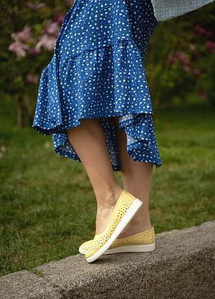 Женские балетки летние кожаные с перфорацией р36-42 туфли лоферы мокасины слипоны желтые