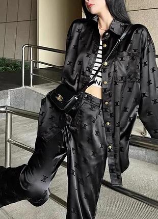 Костюм атлас шовк celine сорочка рубашка і брюки комплект