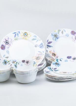 Столовый сервиз тарелок 24 штуки керамических на 6 персон белый цветы