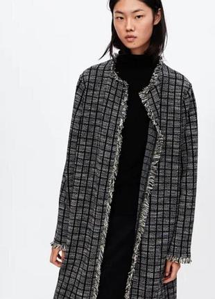 Твідове пальто-зара з бахромою подовжений базовий кардиган у клітинку принт від zara
