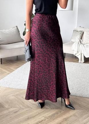 Спідниця — максі жіноча, довга, шовкова, весняна літня, плюс сайз, батал, леопардова бордова