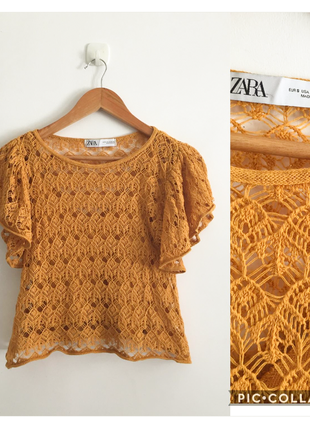 Вязанный трикотажный топ пуантель горчичного цвета зара zara