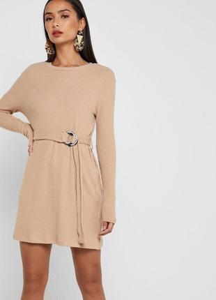 Платье мини длинный рукав в рубчик под вельвет с поясом на пряжке от topshop