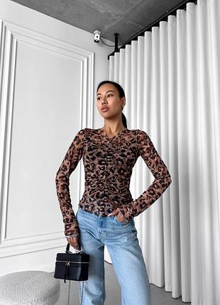 Лонгсливы из сетки в принте лео+майка🐆