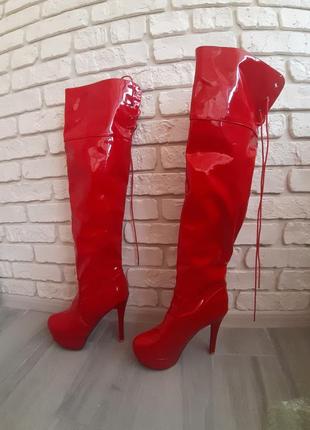 Ботфорти стріпи лак (латекс) червоні