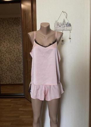 Новая атласная пижама комплект шорты + майка размер s-m