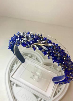 Ободок для волос ручной работы. синяя диадема из камня. украшение для волос