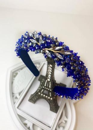 Ободок для волос ручной работы. синяя диадема из камня. украшение для волос