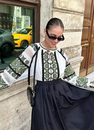 Вишиванка, вишита сорочка, блузка, блуза з зеленою вишивкою, макраме, біла