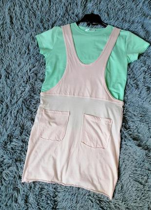 Трикотажный сарафан комбинезон на бретелях юбка с карманами