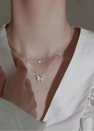 Двойная цепочка с бабочкой / серебристая цепочка бабочка / двойная подвеска бабочка / двойное ожерелье бабочка