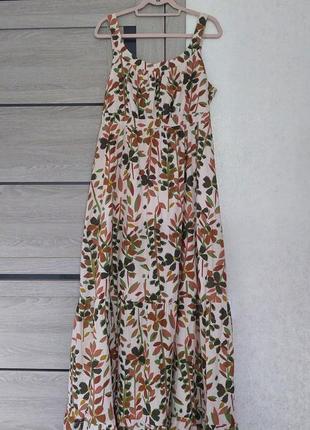 Длинный хлопковый бежевый сарафан, свободного кроя, в анамалистический цветочный принт principles(размер 16-18