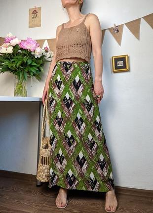 Спідниця максі в підлогу пряма віскоза зелена геометрія хакі візерунки кольорова вінтажна m l