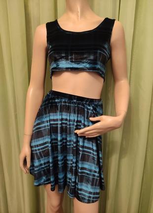 Комплект синее- черный (топ + юбка), костюм плюшевый, стрейч, "influence"