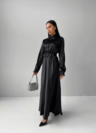 Платье - макси женское длинное, атласное, с длинным рукавом нарядное, вечернее на...