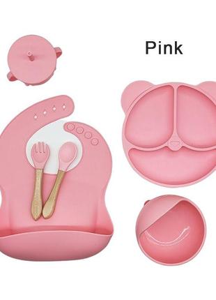Набір дитячого силіконового посуду 5м+ антиковзкий рожевий1 фото
