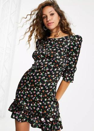 Чайное сатиновое*атласное черное платье в мелкий цветочный принт topshop (размер 8-10)
