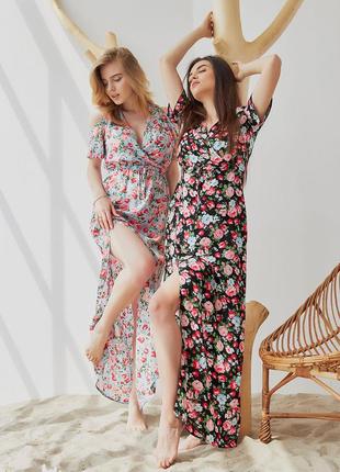 Платье макси женское  длинное, штапельное, летнее,  цветочное черное4 фото