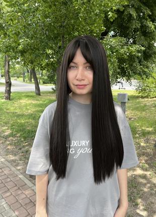 Парик темный шоколад, каштановый, длинный ровный с челкой