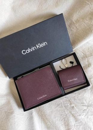 Набор мужской кошелек портмоне calvin klein + airpods кейс кожа
