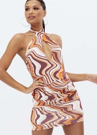 Розовая ваниль, оранжевая мини-платье с сборкой по бокам.3 фото