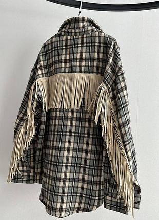 Рубашка в стиле maxmara с бахромой в клетку беж
