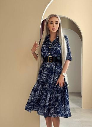Сукня синя в стилі dior синя з ременем клеш міді
