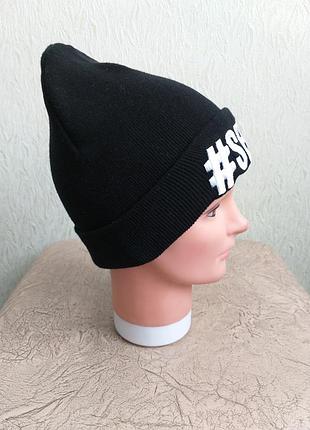 Шапка лопата. шапочка с вышивкой. #selfie. 100% коттон. черный, белый, черно-белый.