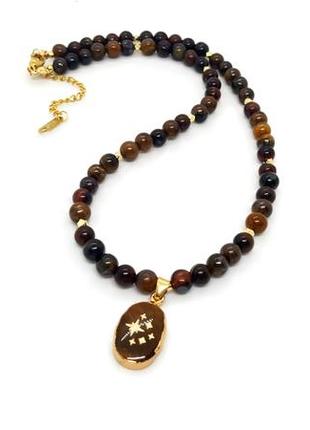 🌟🤎 стильное колье-ожерелье из натуральных камней тигрового, соколиного и бычьего глаза