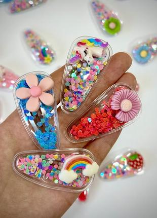 Милые обьемные заколки с единорогом, фруктами, цветами