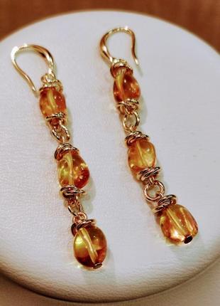 Серьги minov 2469 из натурального янтаря медовый оттенок
