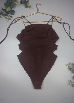 Коричневое боди сетка, боди с шнуровкой, боди из двойной сетки