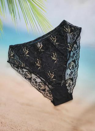 Кружевные черные с золотой нитью сексуальные высокие трусики