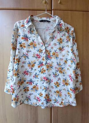 Жіноча літня біла / різнокольорова сорочка / блуза з довгим рукавом zara, з квітковим принтом